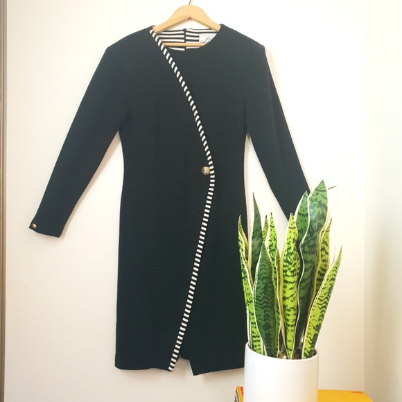 Vintage 80s Black Stripe Evening Dress Size 6 - Picture 1 of 8